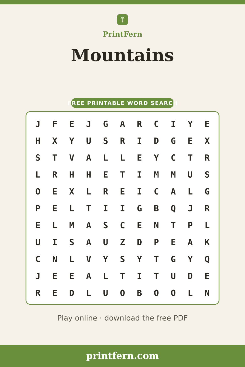 Mountains Word Search, free printable PDF preview