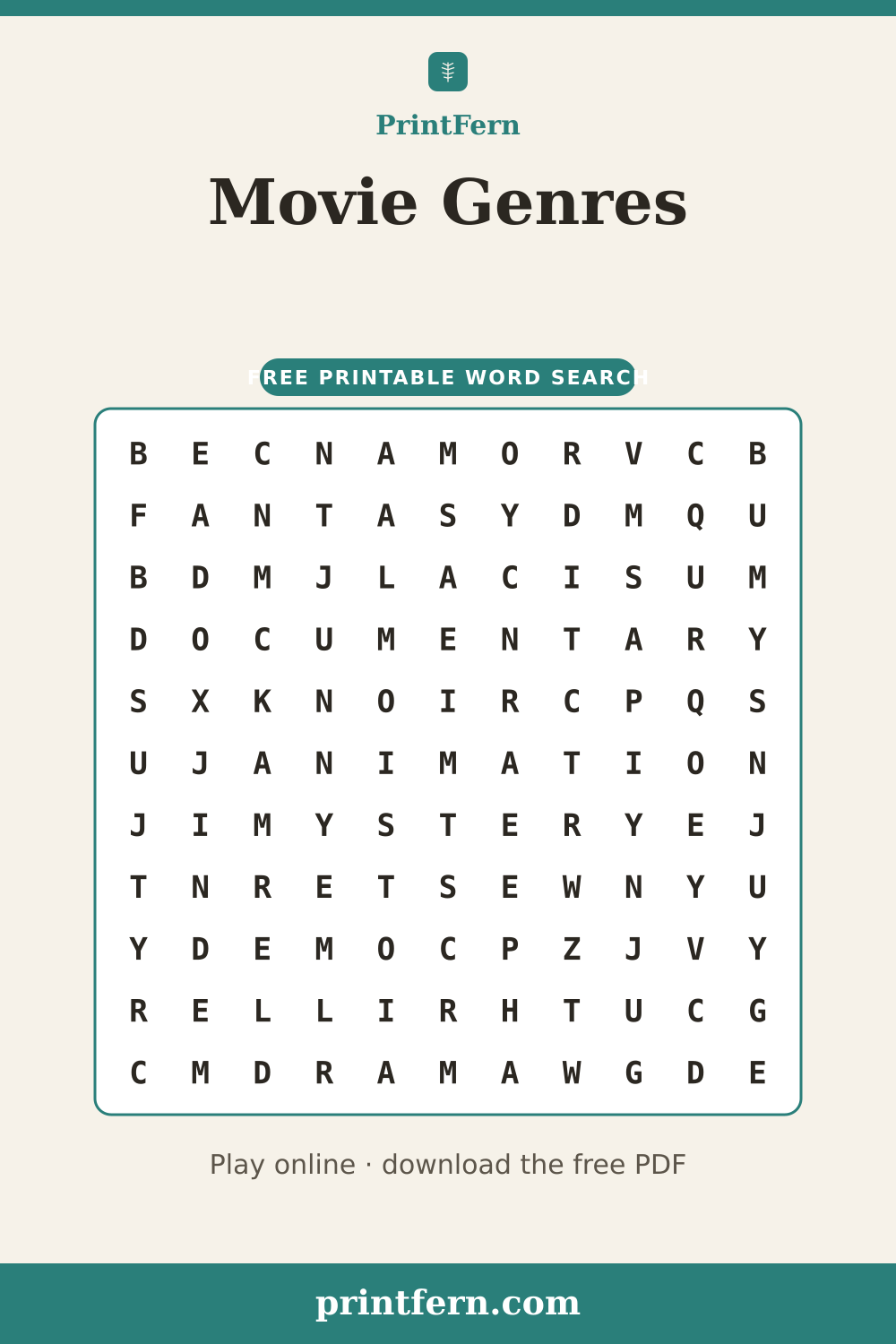 Movie Genres Word Search, free printable PDF preview