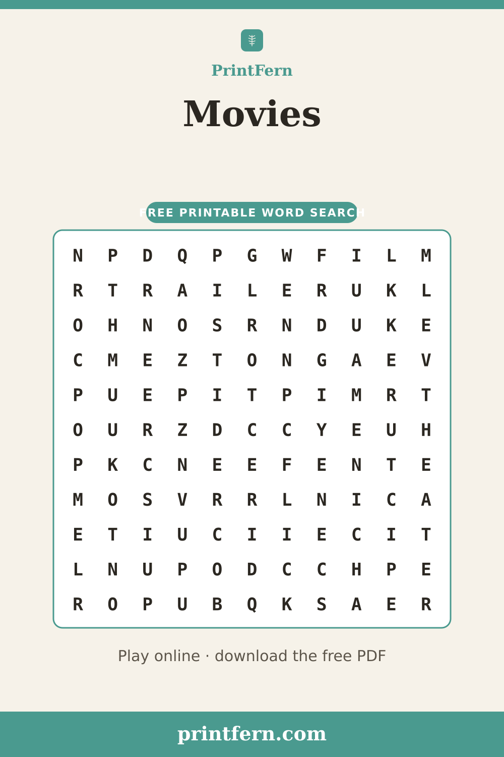Movies Word Search, free printable PDF preview