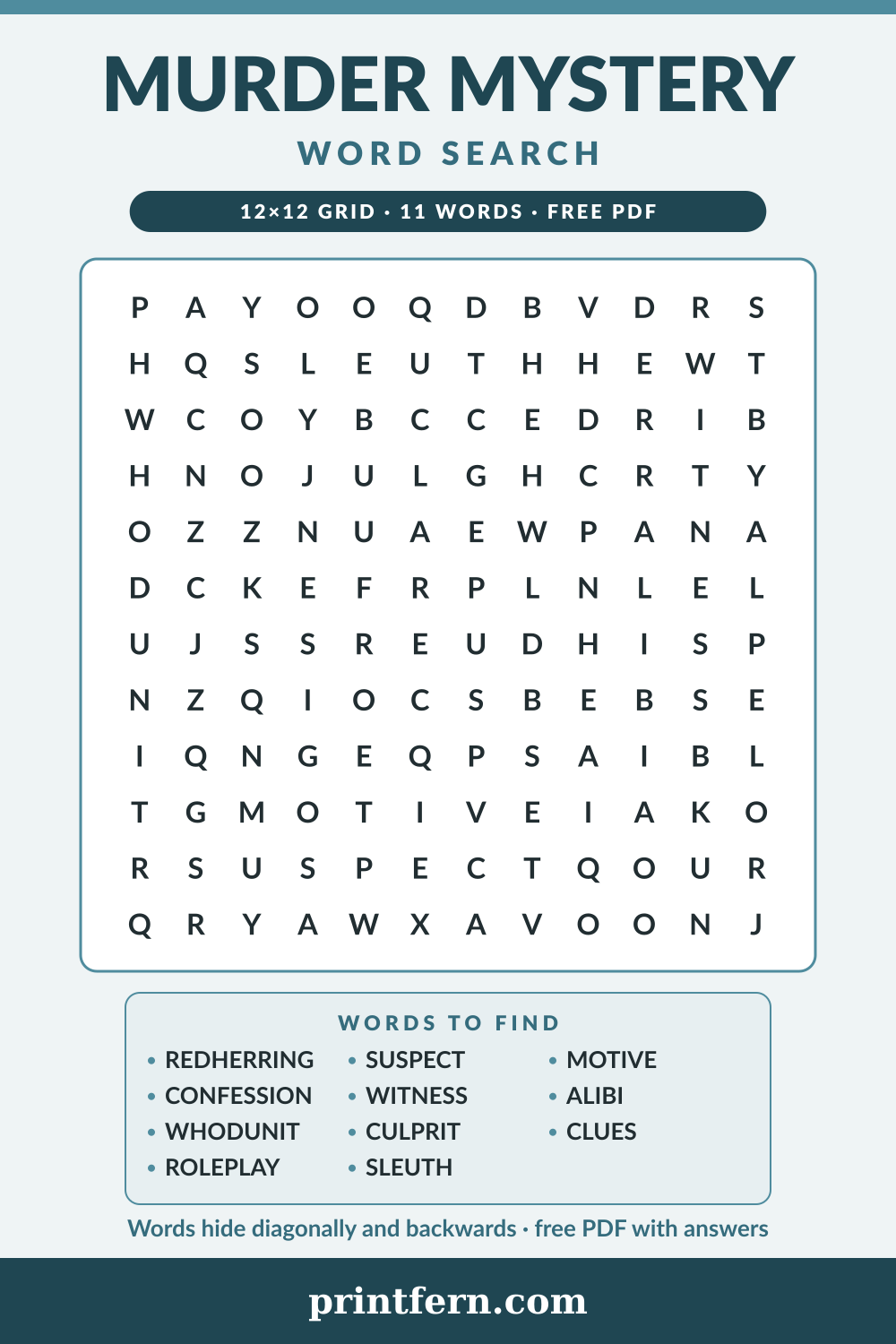 Murder Mystery Word Search, free printable PDF preview