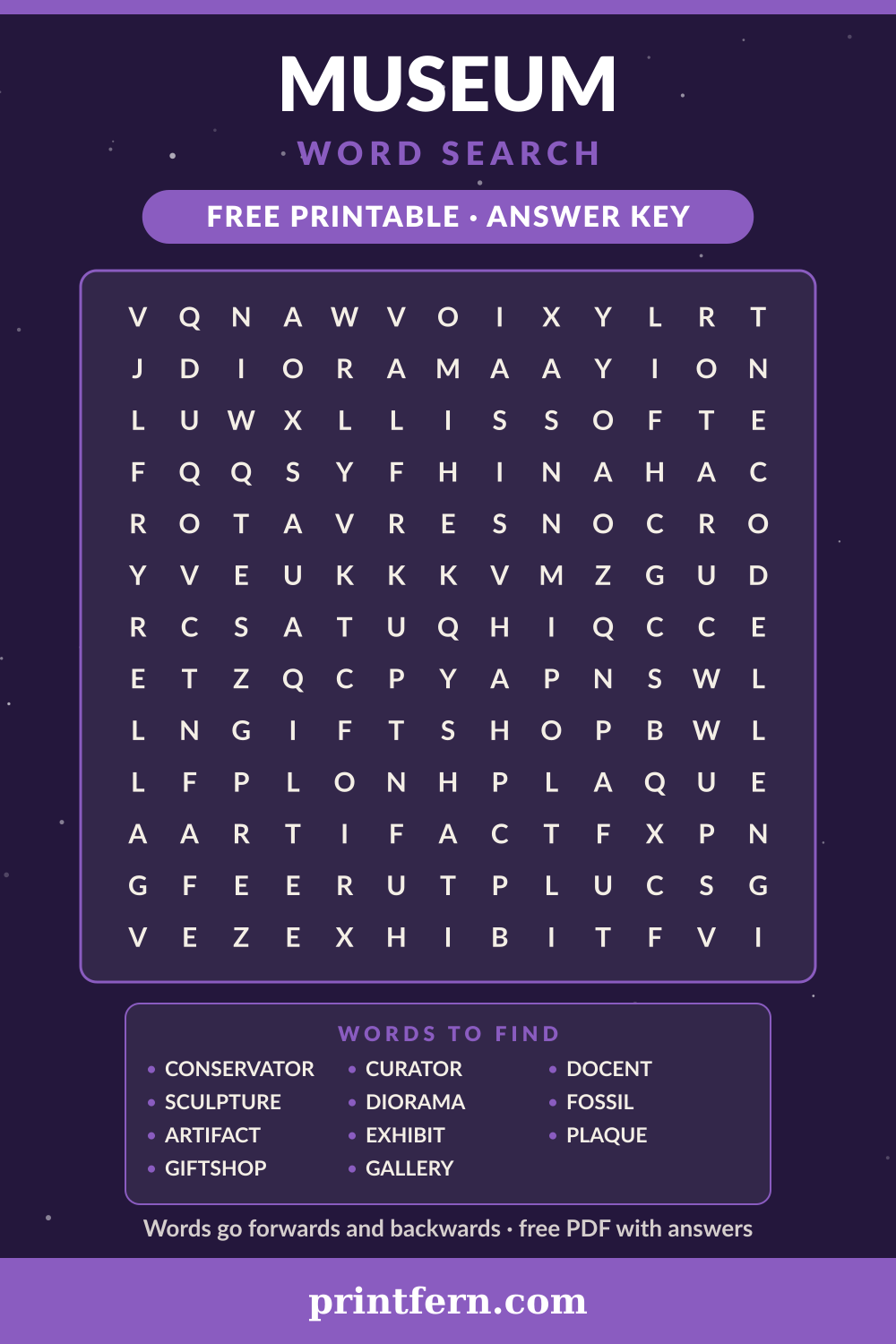 Museum Word Search, free printable PDF preview
