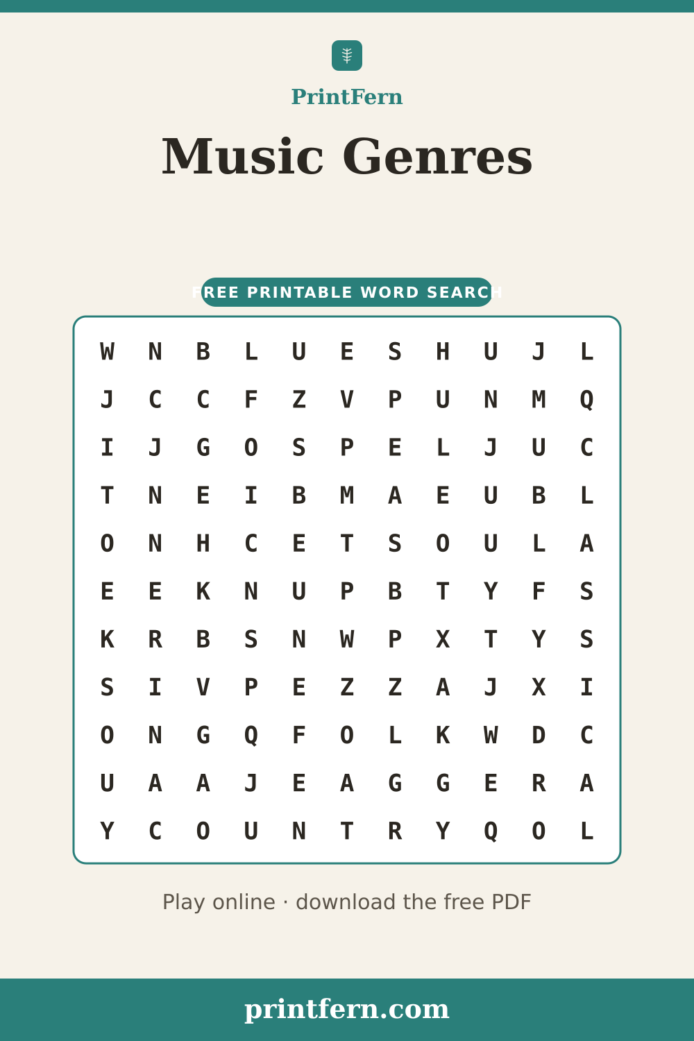 Music Genres Word Search, free printable PDF preview