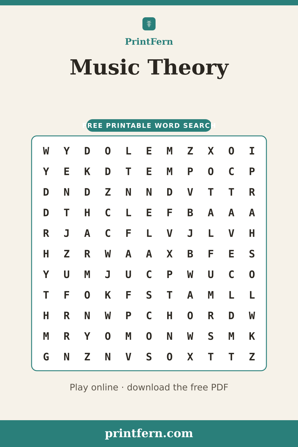 Music Theory Word Search, free printable PDF preview