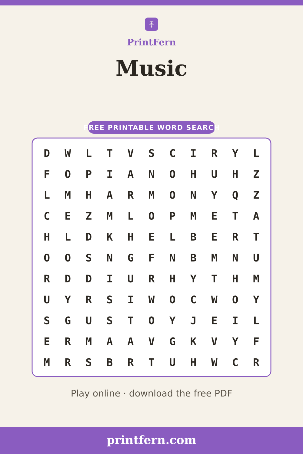 Music Word Search, free printable PDF preview
