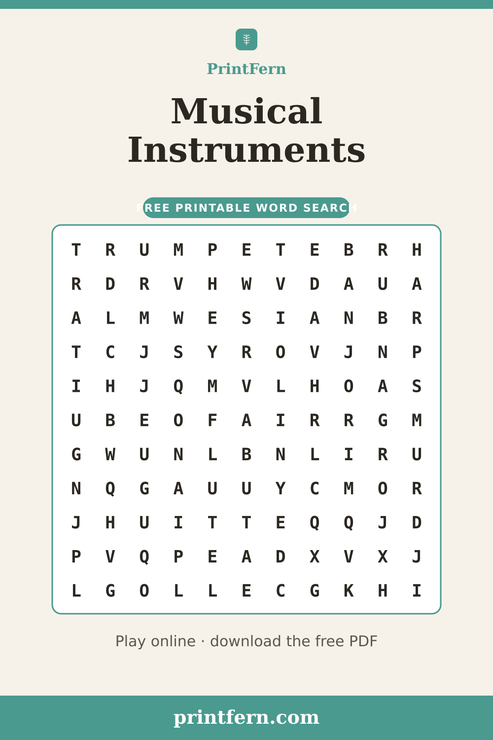 Musical Instruments Word Search, free printable PDF preview