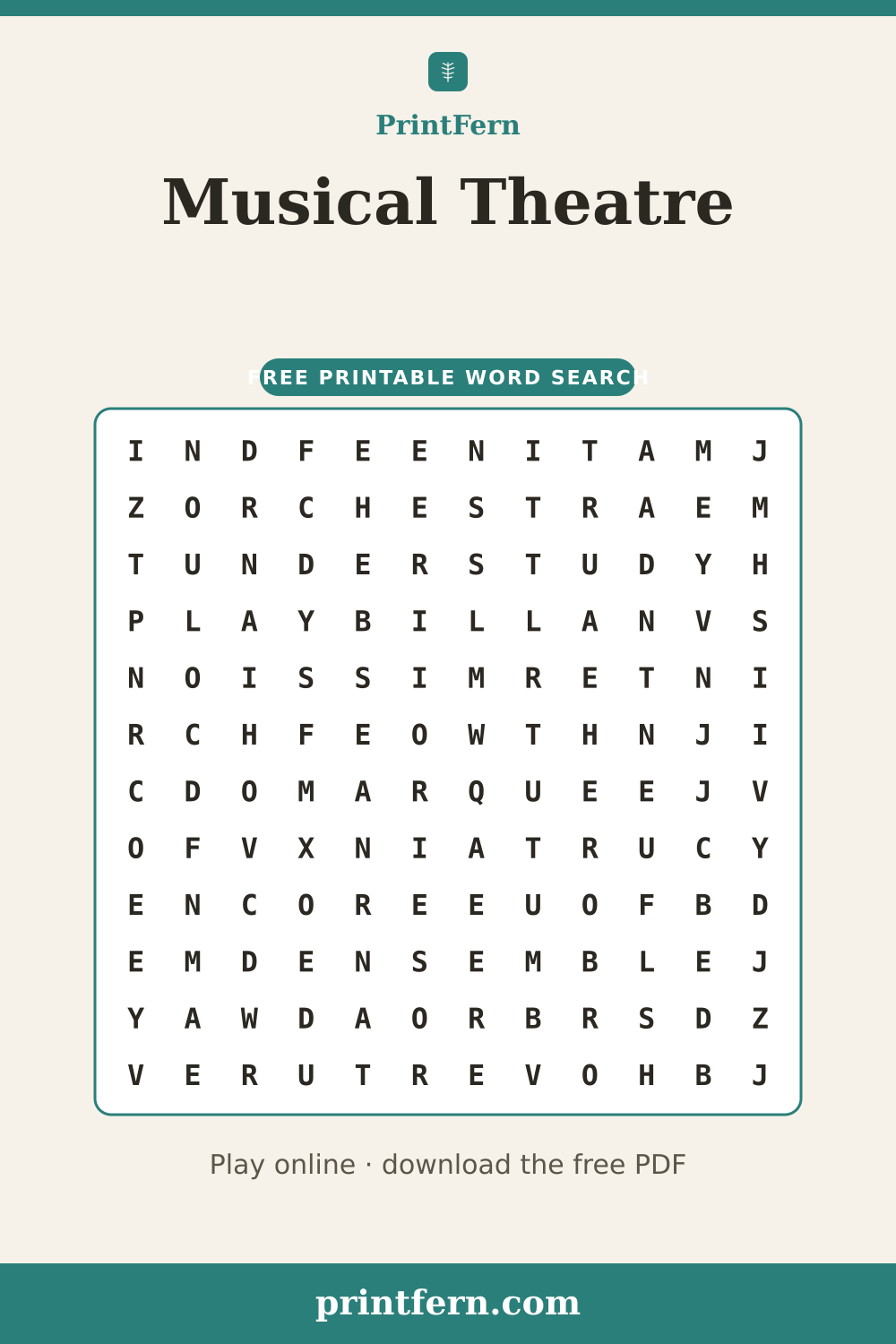 Musical Theatre Word Search, free printable PDF preview