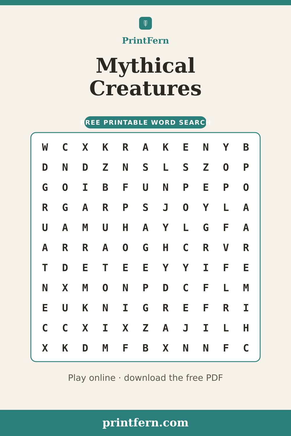 Mythical Creatures Word Search, free printable PDF preview