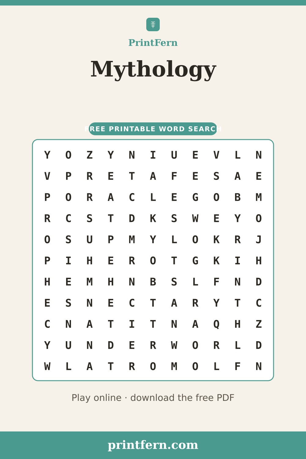 Mythology Word Search, free printable PDF preview
