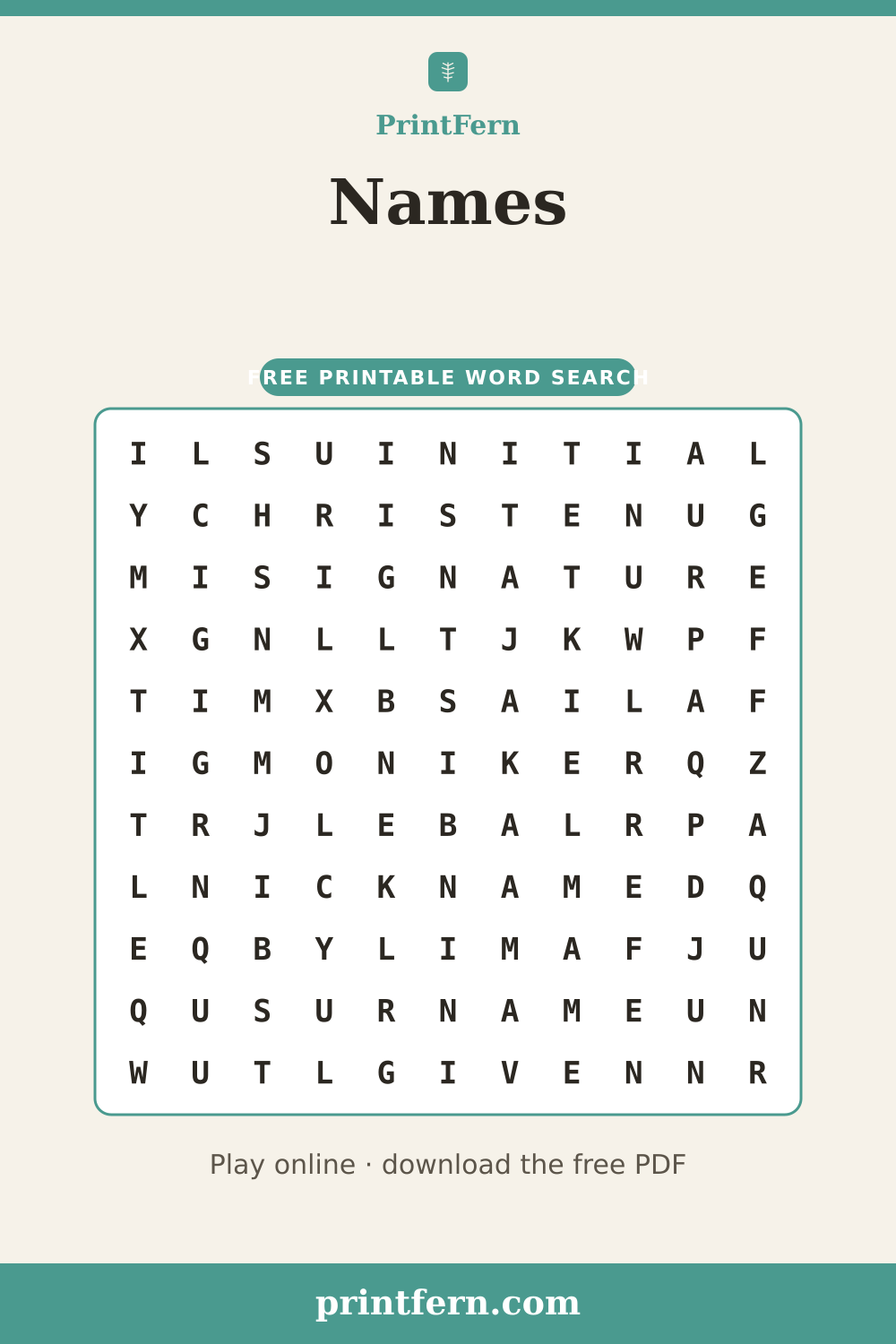 Names Word Search, free printable PDF preview