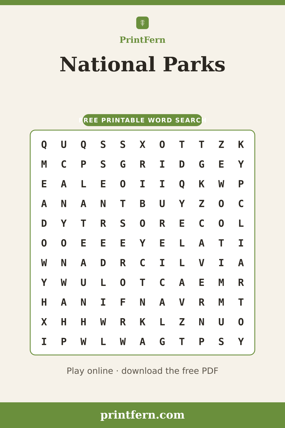 National Parks Word Search, free printable PDF preview