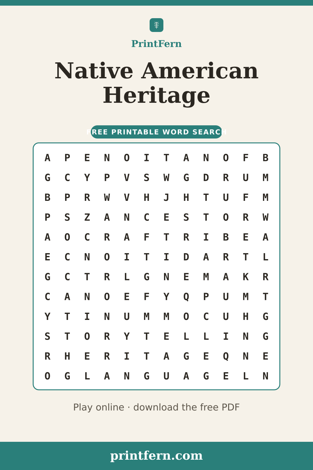 Native American Heritage Word Search, free printable PDF preview