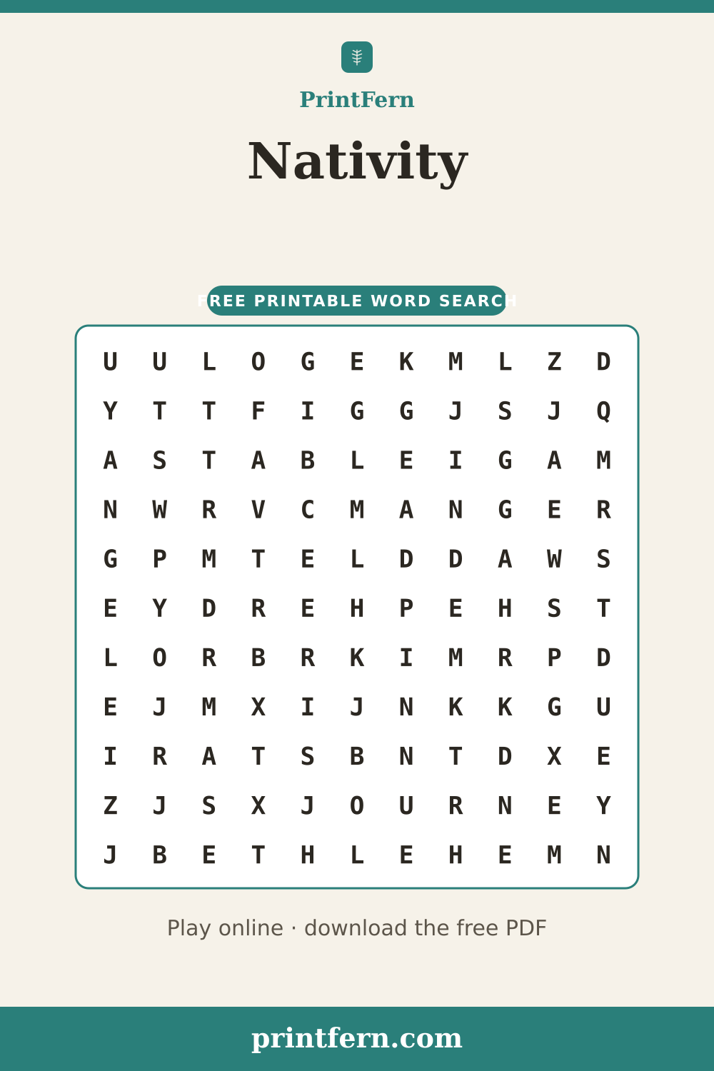 Nativity Word Search, free printable PDF preview