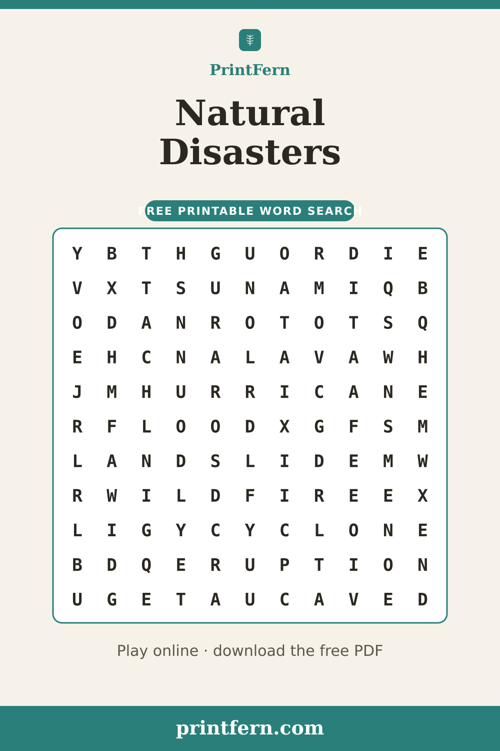 Natural Disasters Word Search, free printable PDF preview