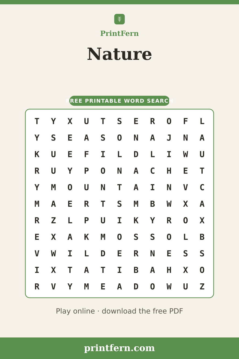 Nature Word Search, free printable PDF preview
