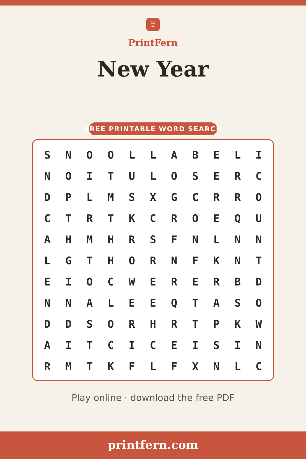 New Year Word Search, free printable PDF preview