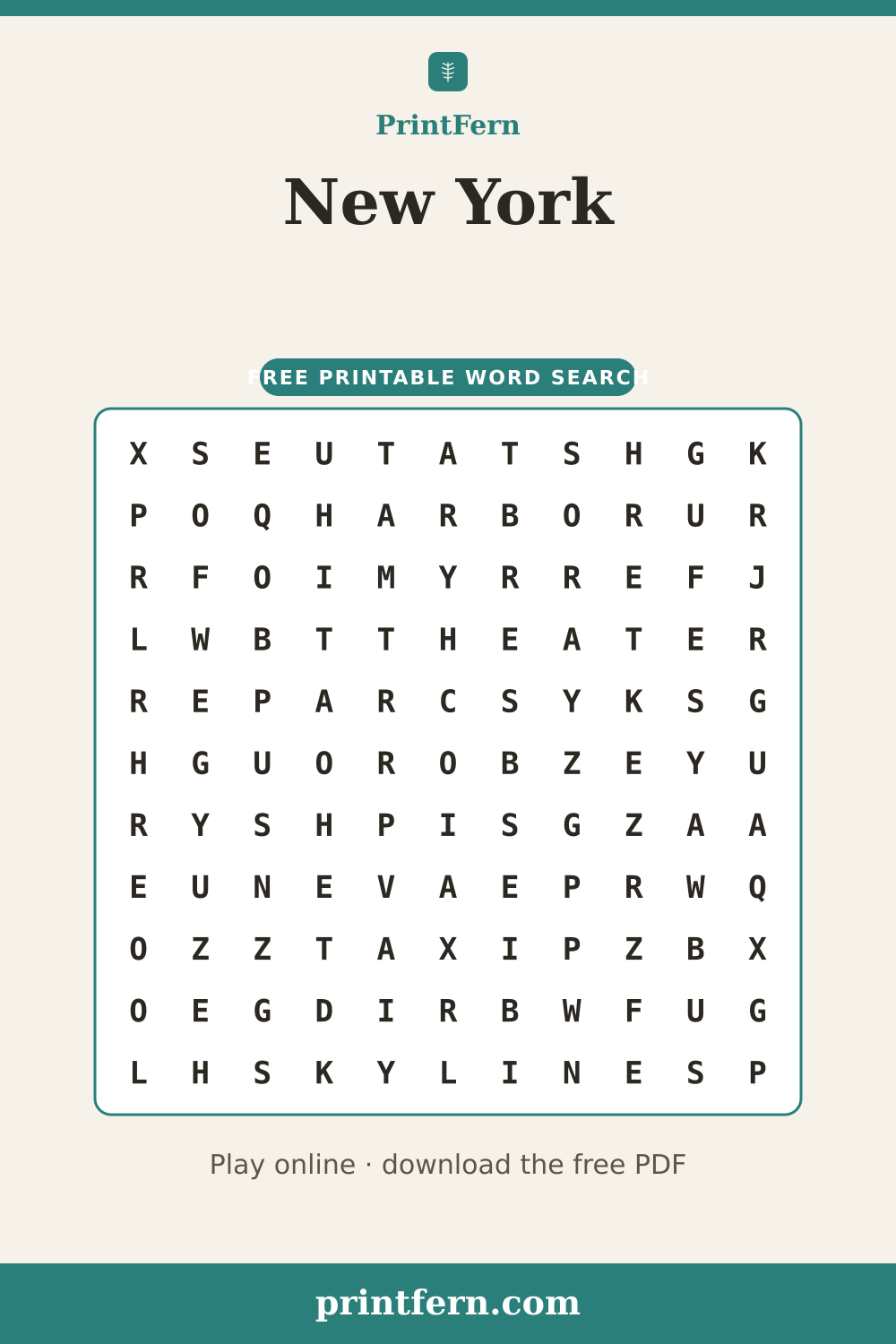 New York Word Search, free printable PDF preview