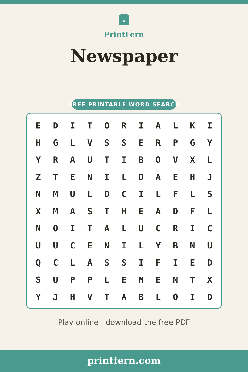 Newspaper Word Search, free printable PDF preview