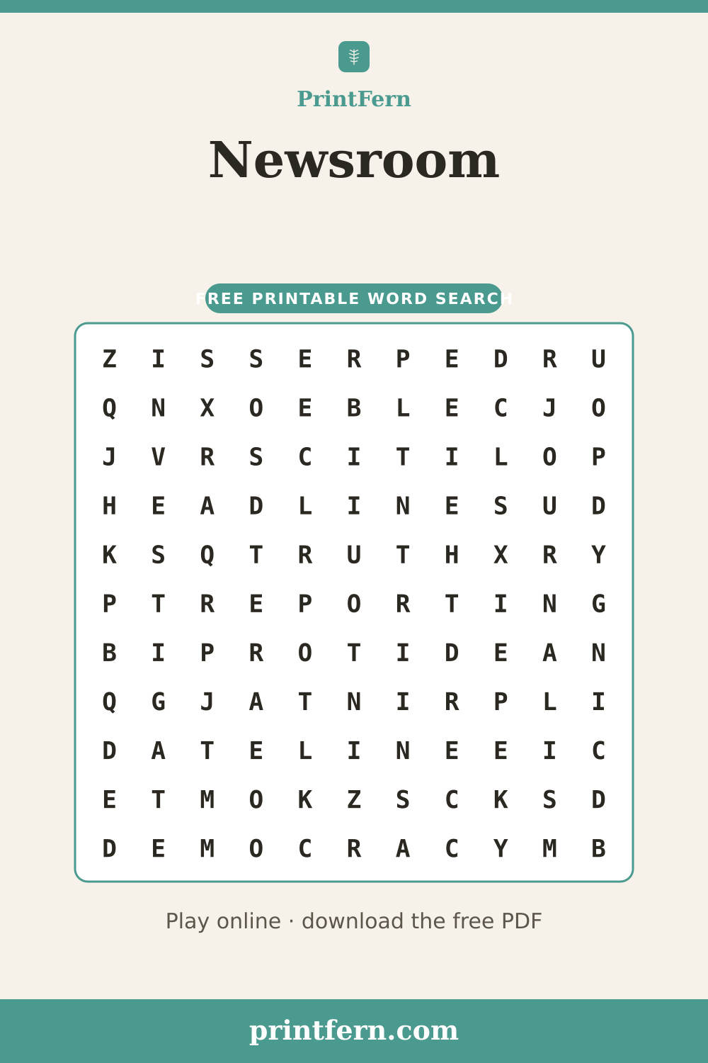 Newsroom Word Search, free printable PDF preview