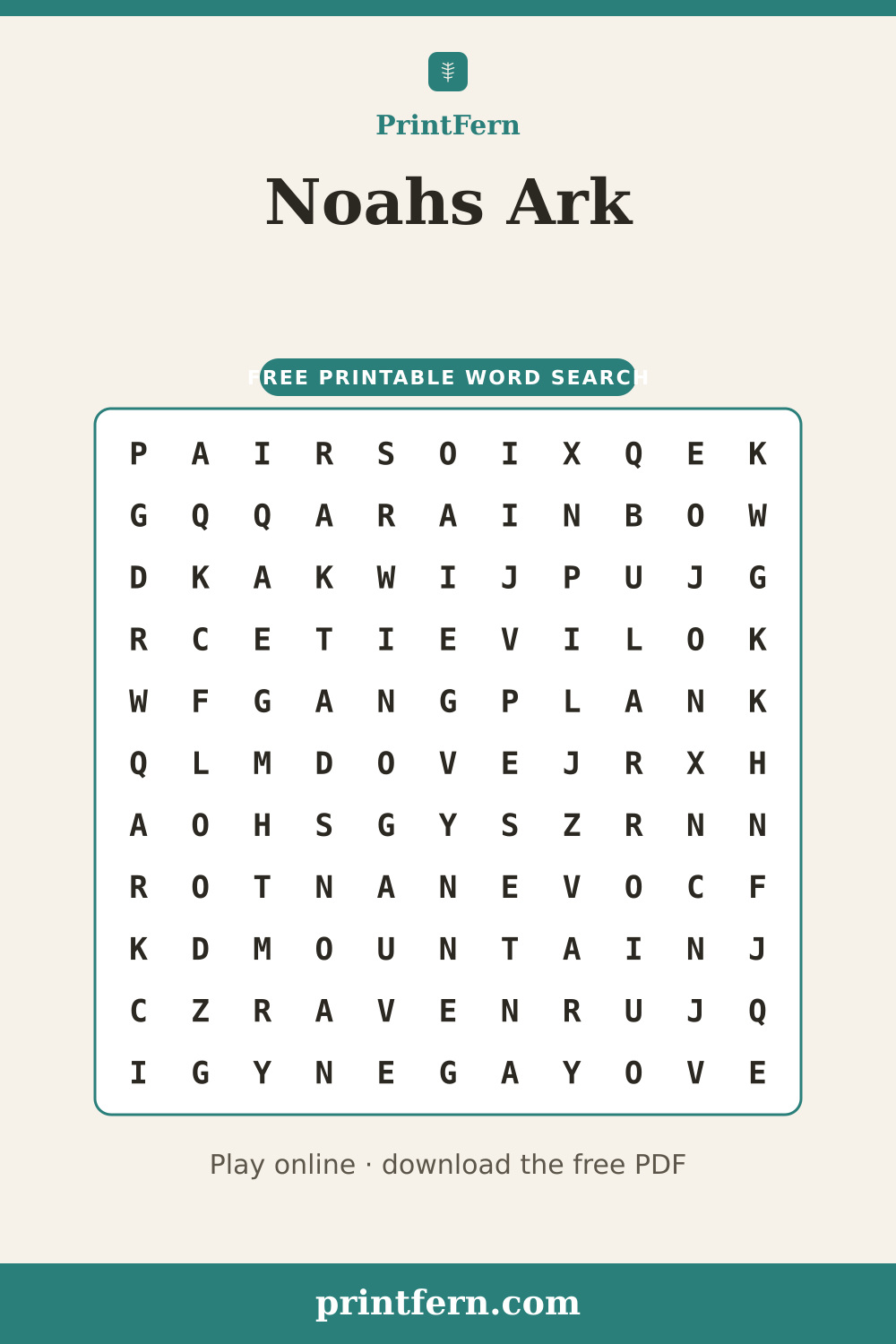 Noahs Ark Word Search, free printable PDF preview
