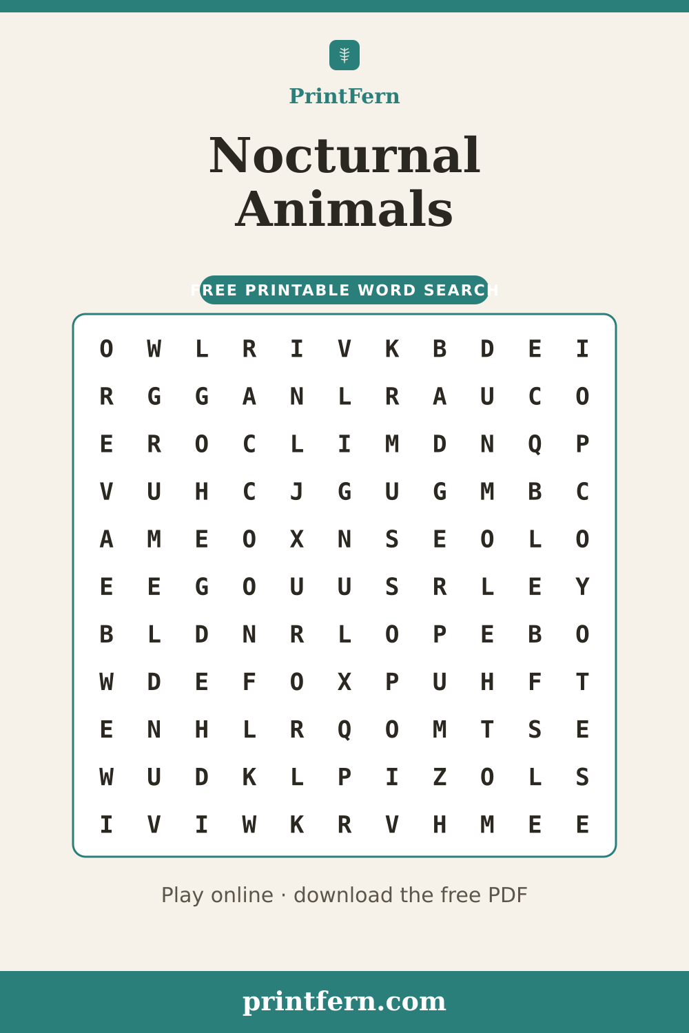 Nocturnal Animals Word Search, free printable PDF preview
