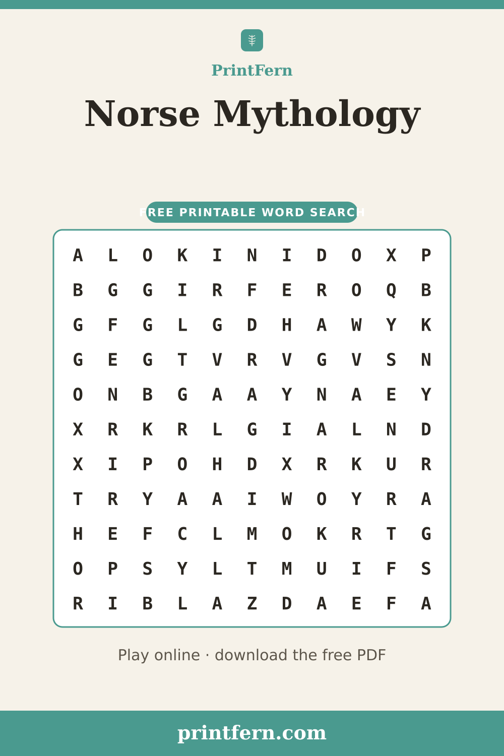 Norse Mythology Word Search, free printable PDF preview