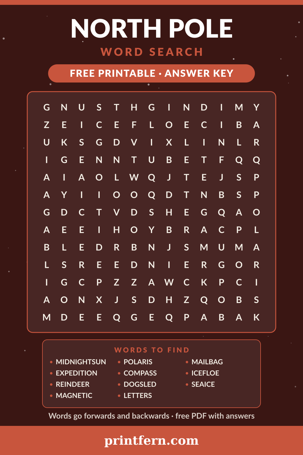 North Pole Word Search, free printable PDF preview