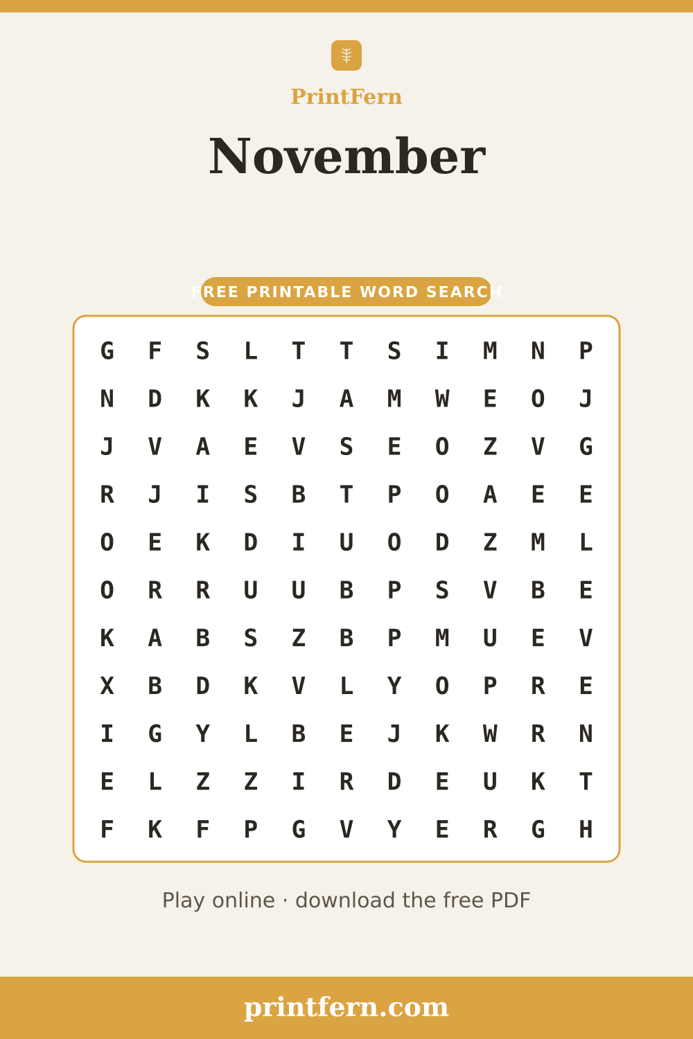 November Word Search, free printable PDF preview