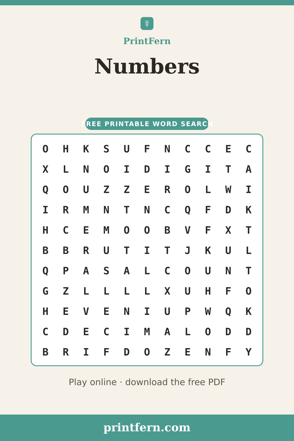 Numbers Word Search, free printable PDF preview