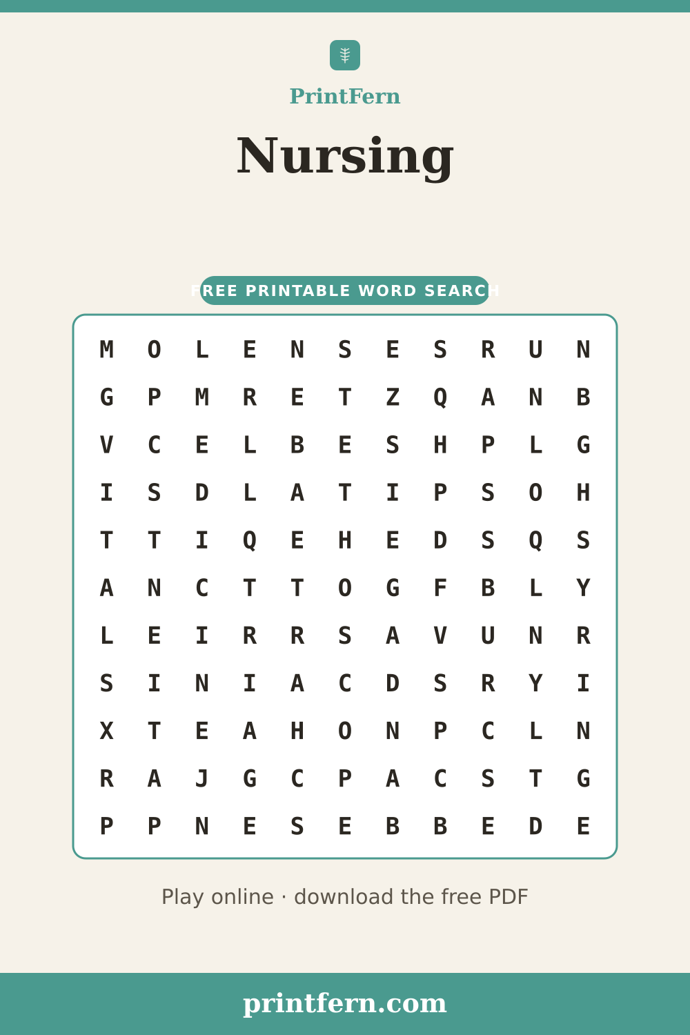 Nursing Word Search, free printable PDF preview