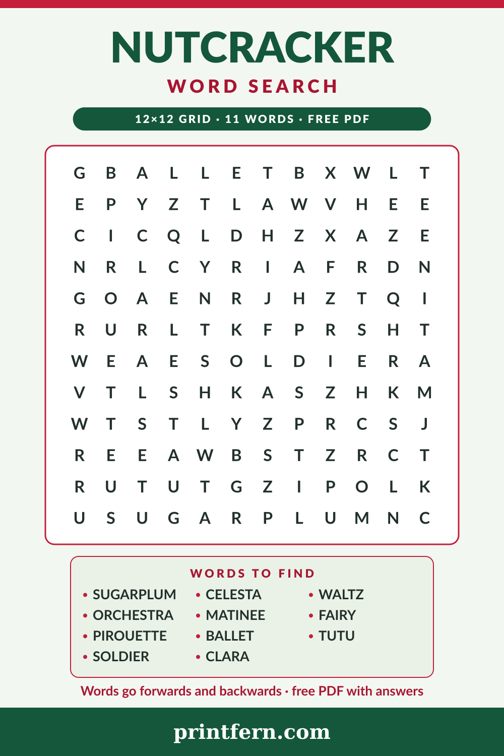 Nutcracker Word Search, free printable PDF preview