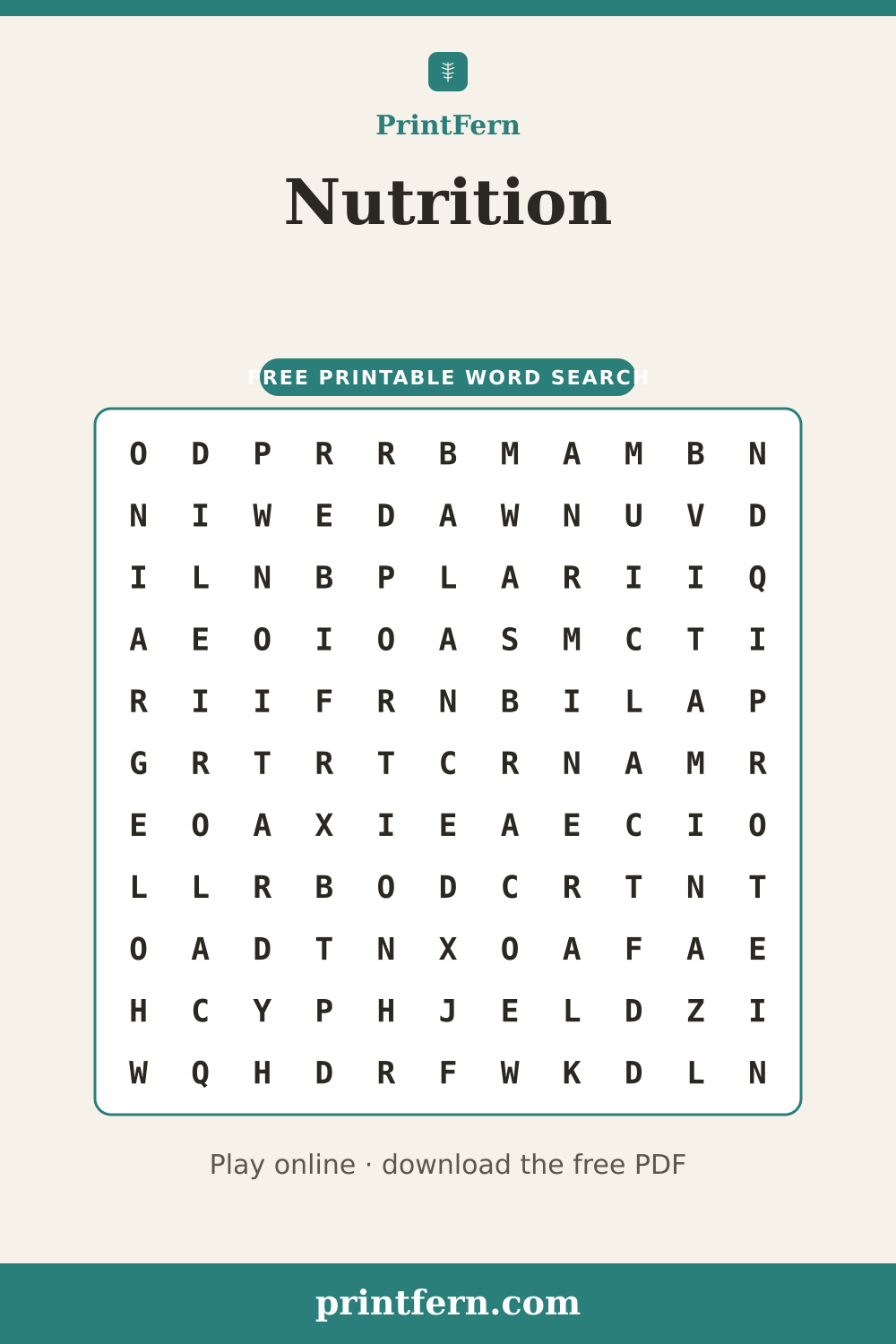 Nutrition Word Search, free printable PDF preview