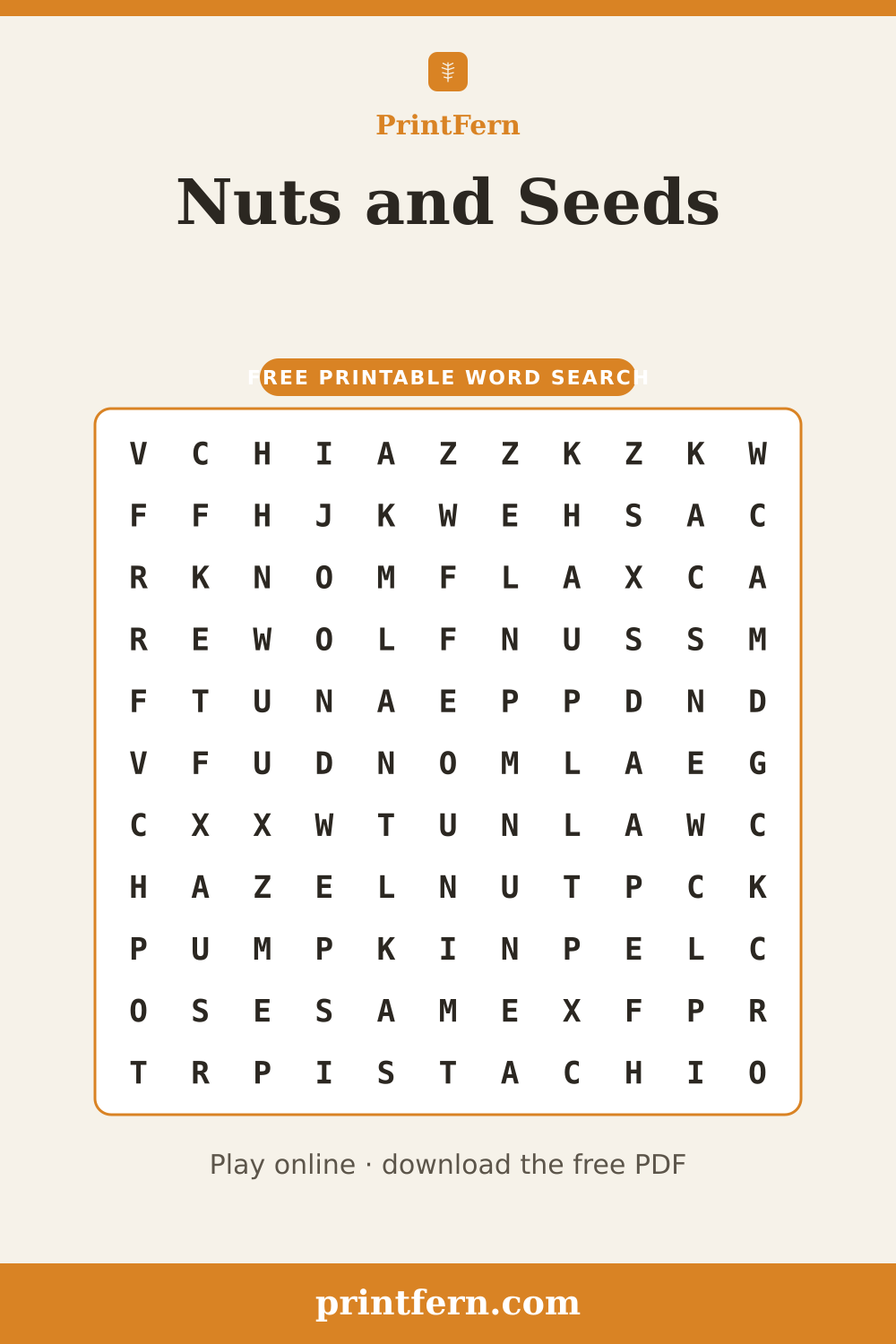 Nuts and Seeds Word Search, free printable PDF preview
