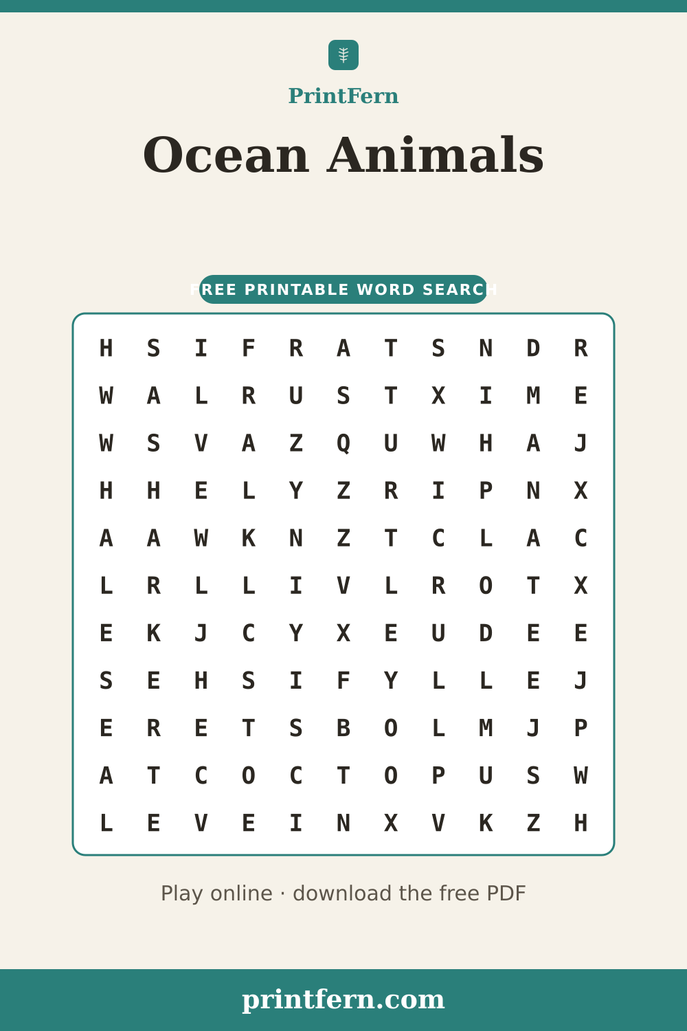 Ocean Animals Word Search, free printable PDF preview