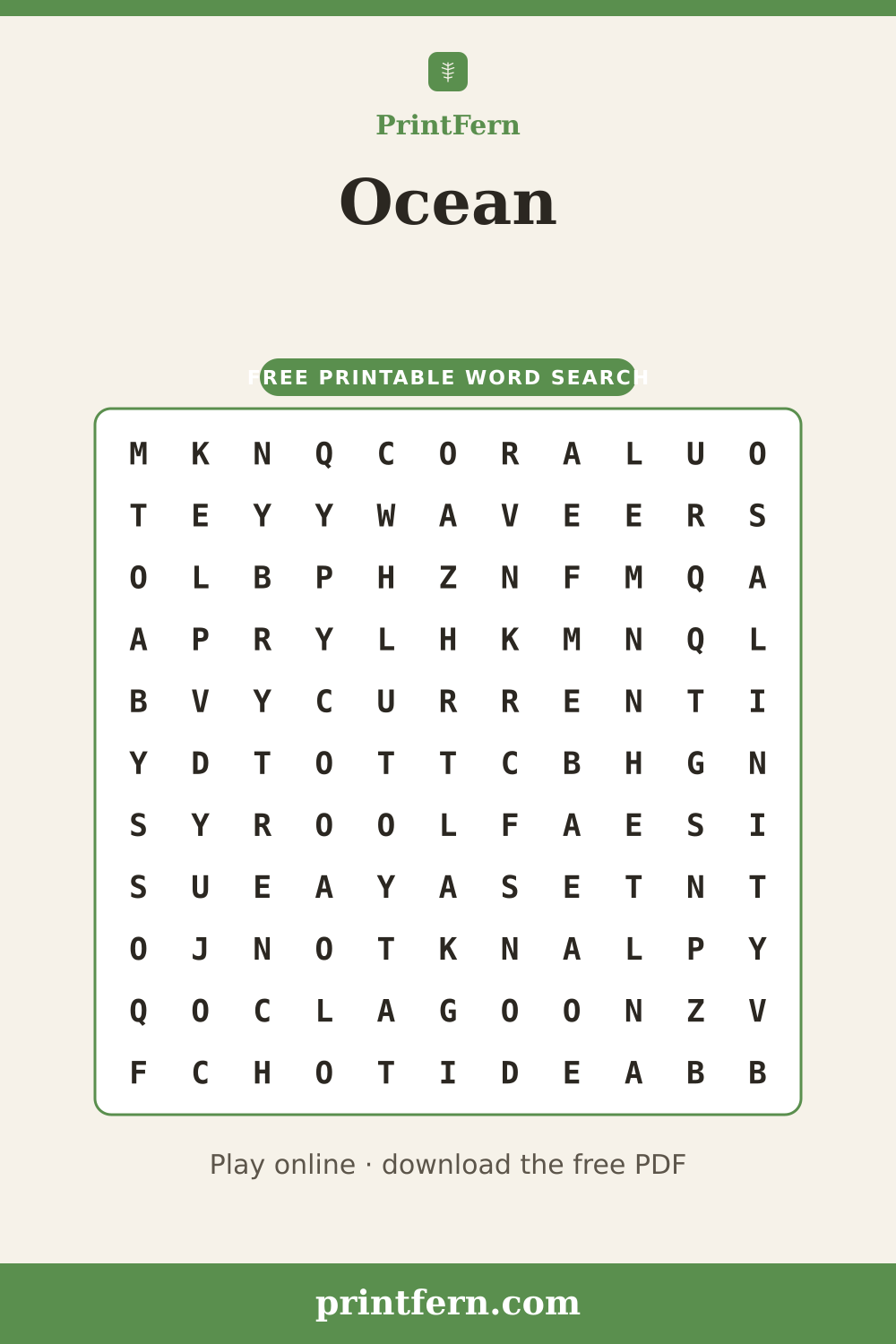 Ocean Word Search, free printable PDF preview