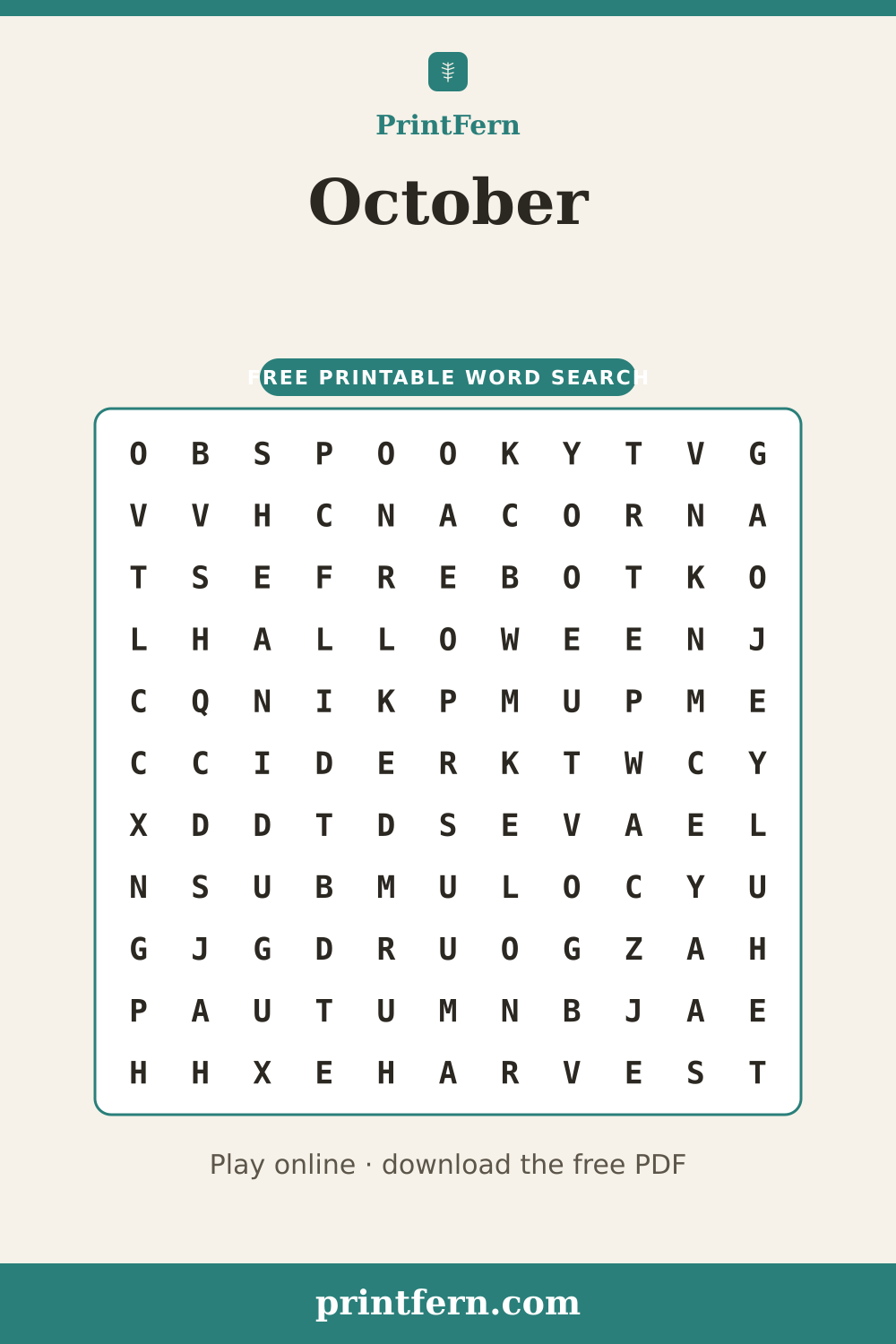 October Word Search, free printable PDF preview