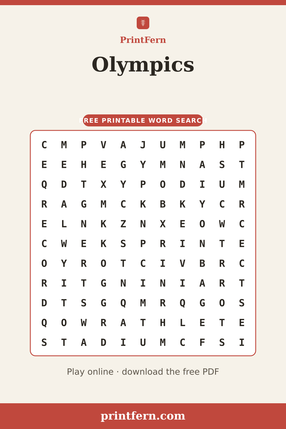 Olympics Word Search, free printable PDF preview