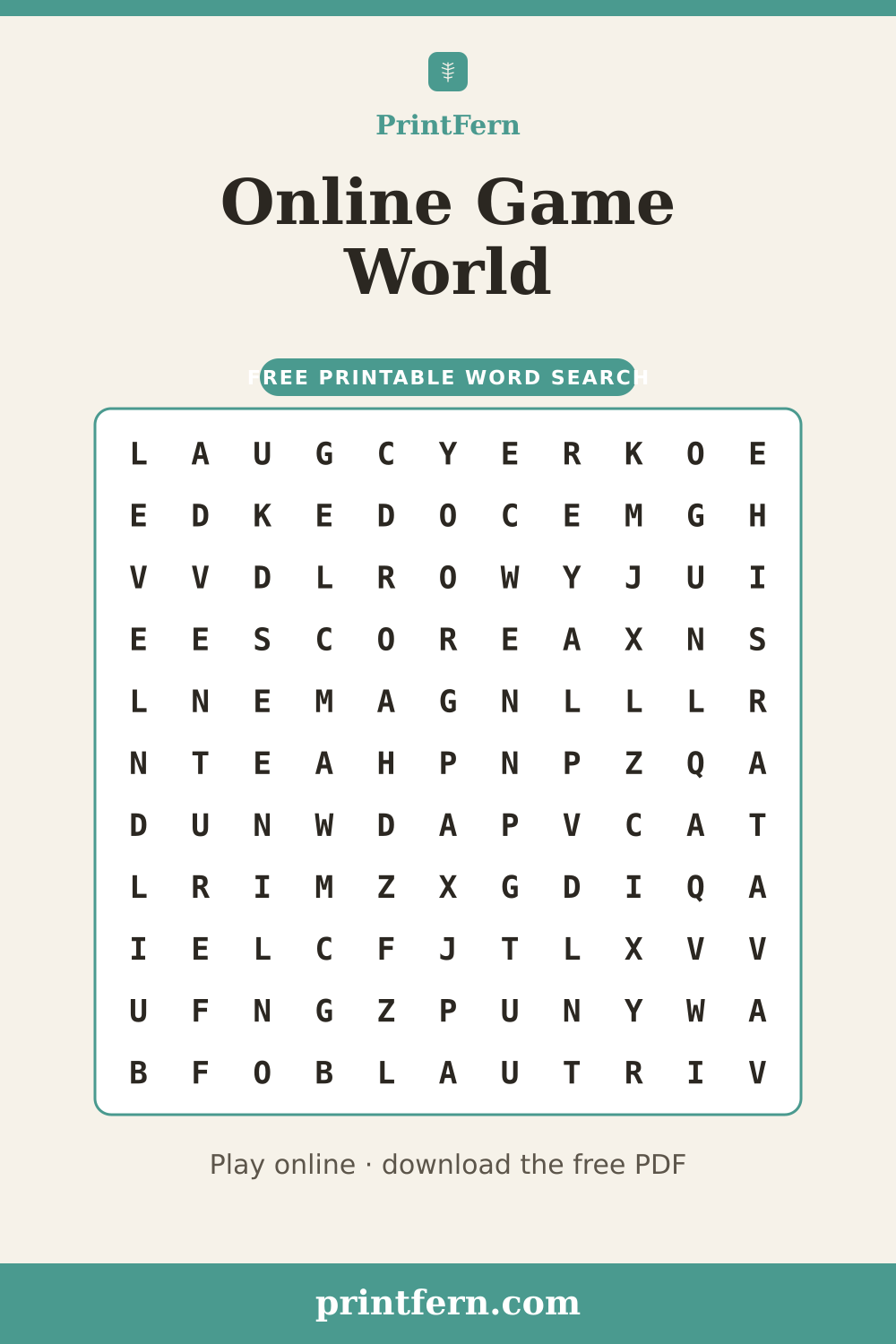 Online Game World Word Search, free printable PDF preview