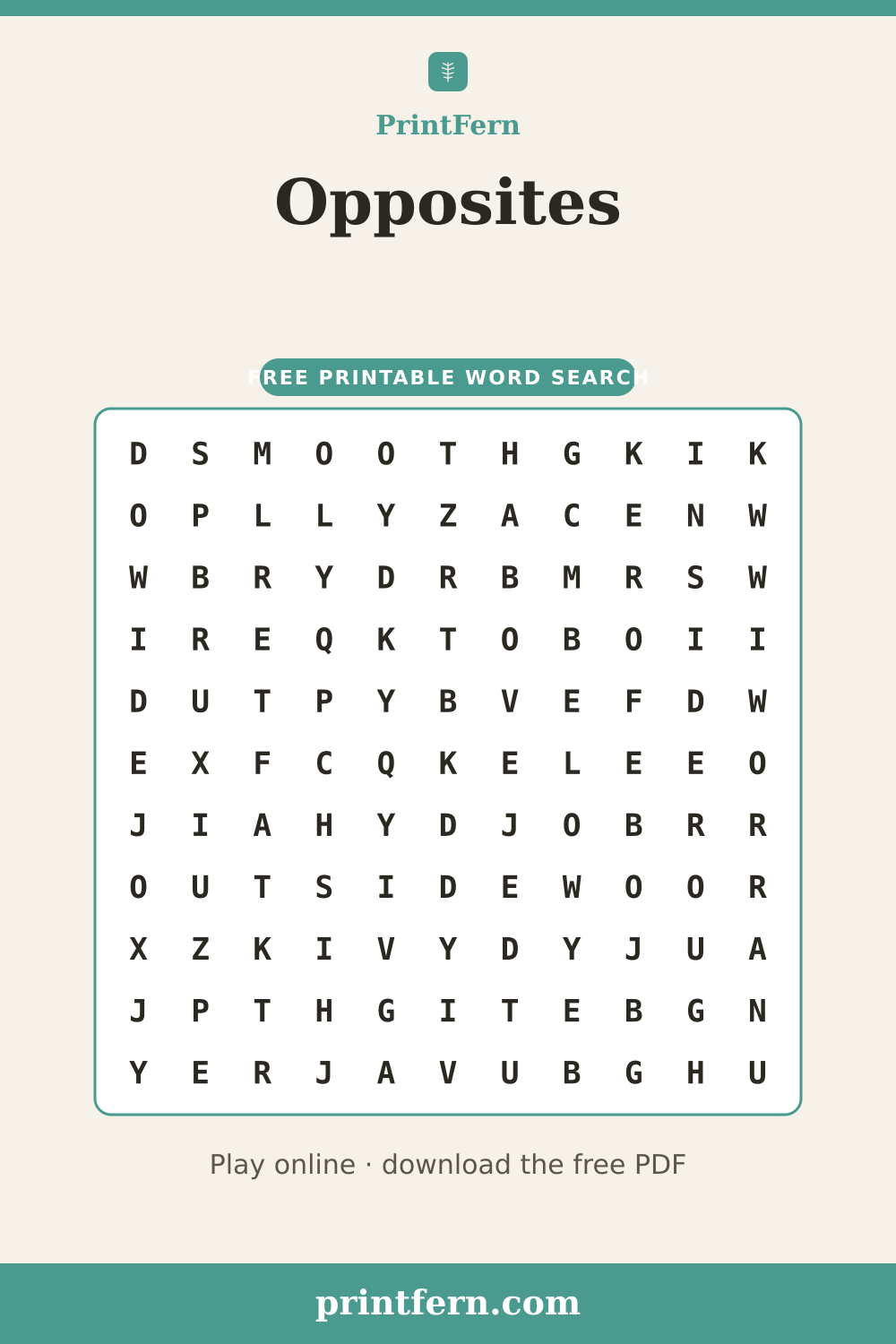 Opposites Word Search, free printable PDF preview