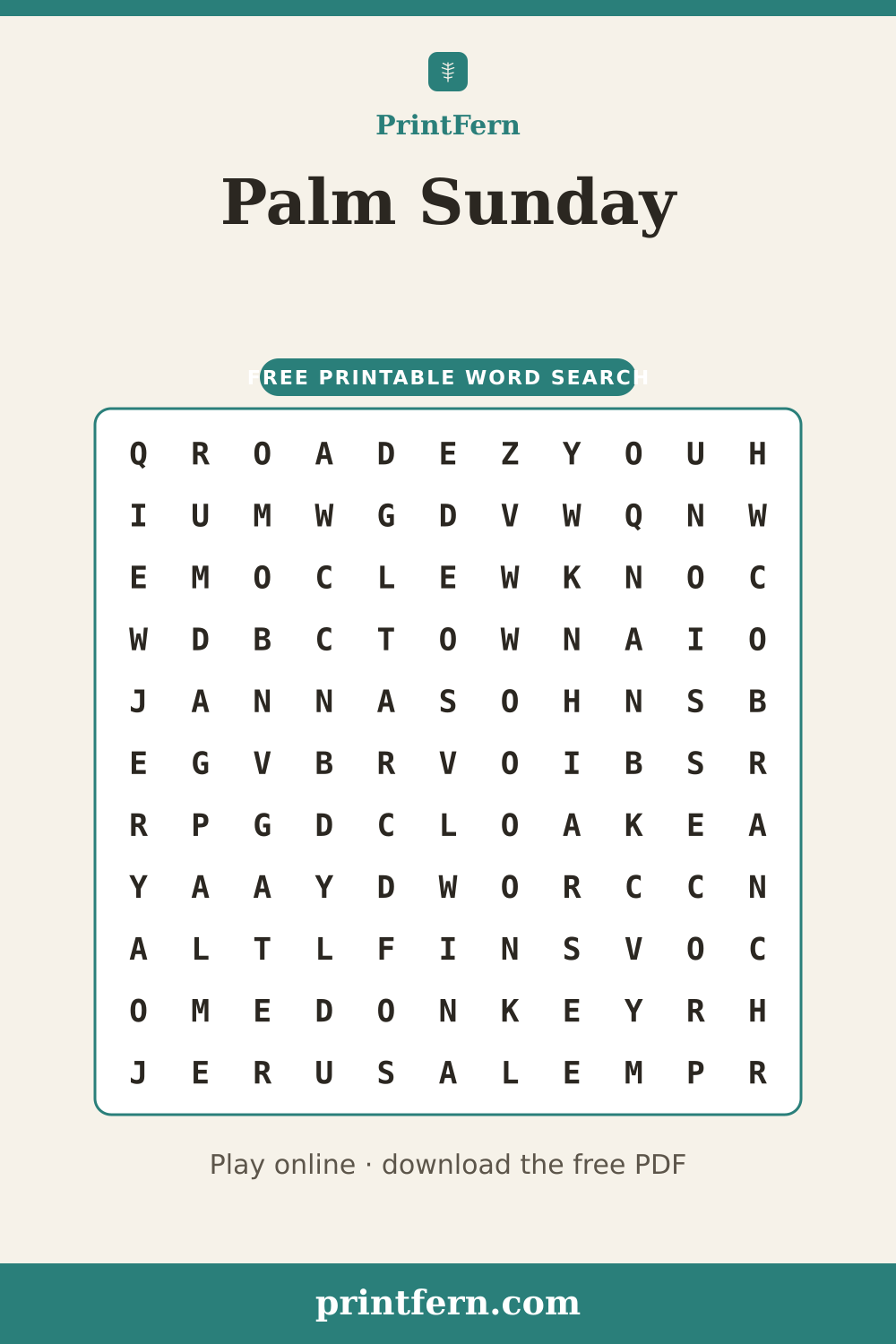 Palm Sunday Word Search, free printable PDF preview