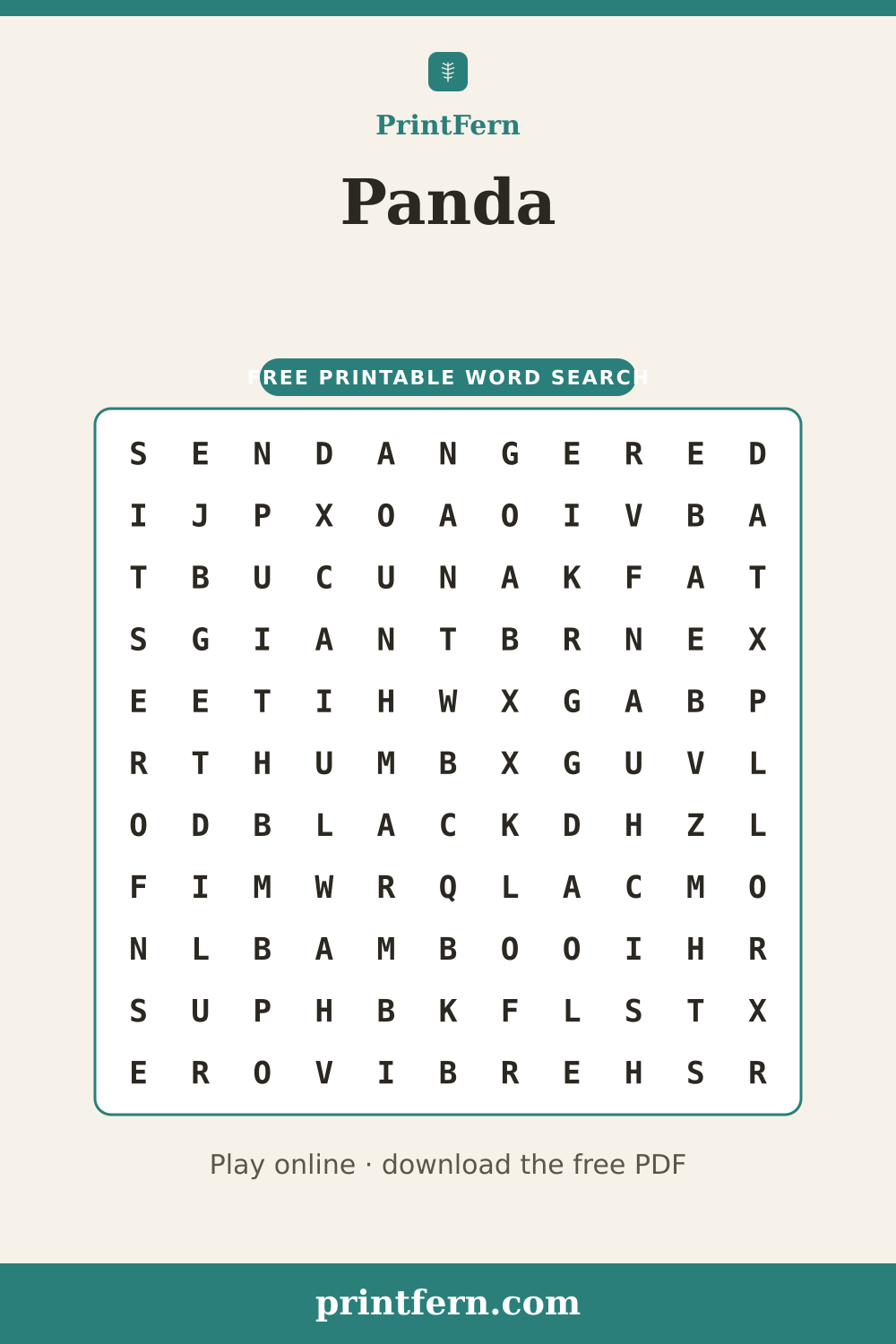 Panda Word Search, free printable PDF preview
