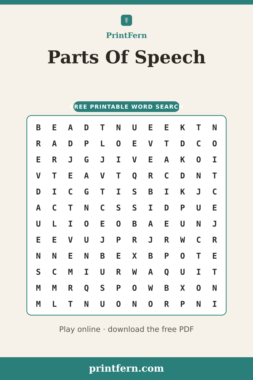 Parts Of Speech Word Search, free printable PDF preview