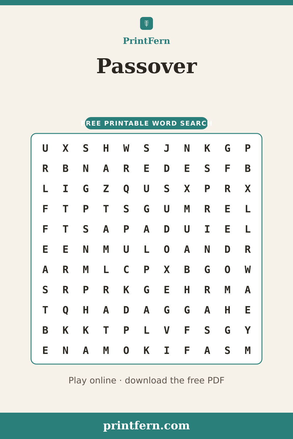 Passover Word Search, free printable PDF preview