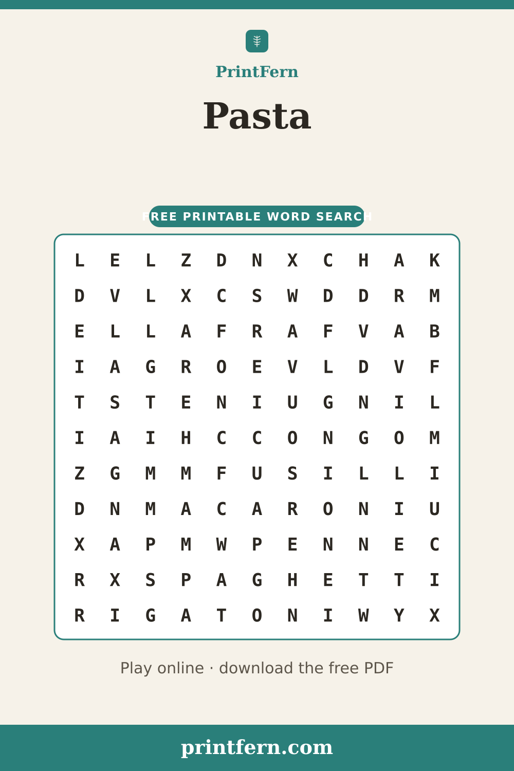 Pasta Word Search, free printable PDF preview