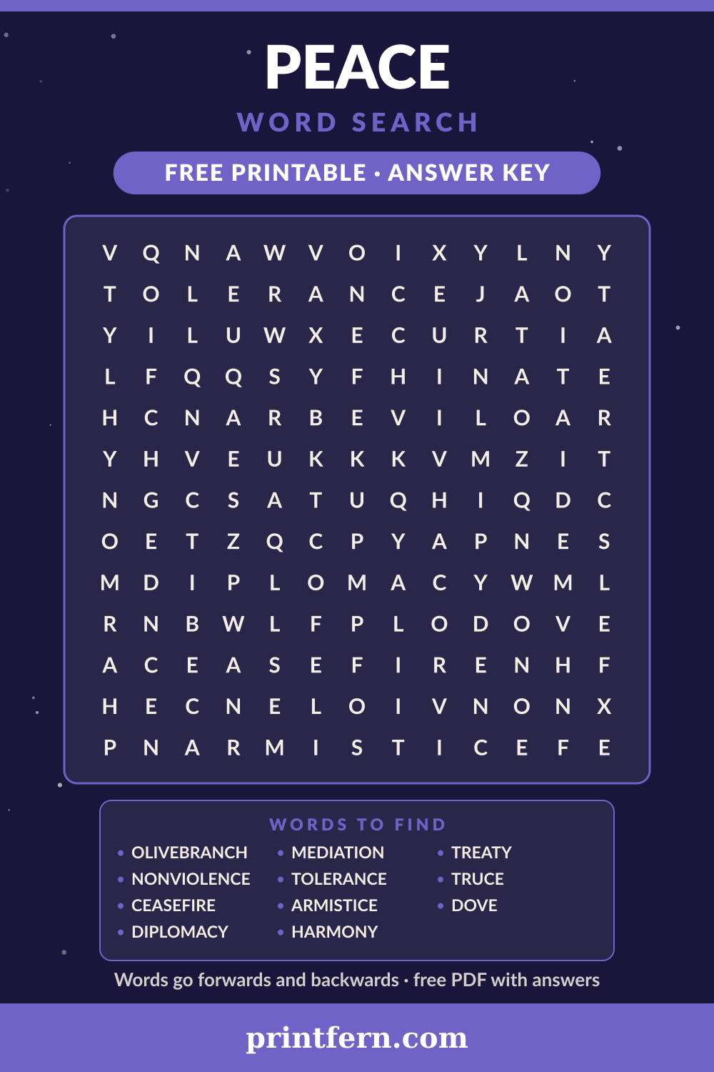 Peace Word Search, free printable PDF preview