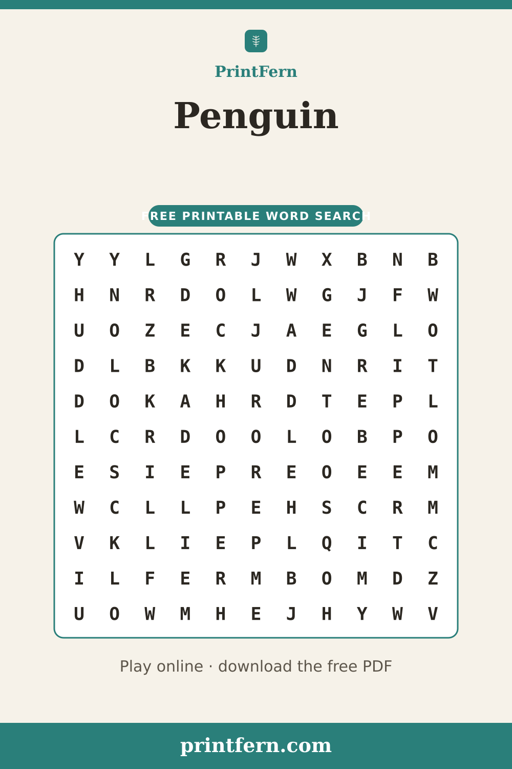 Penguin Word Search, free printable PDF preview