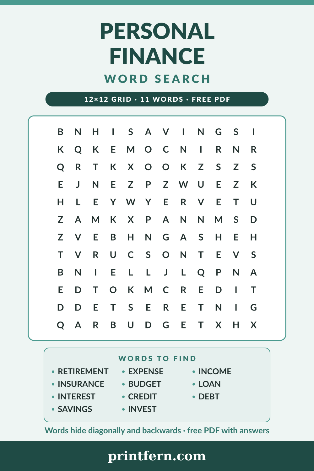 Personal Finance Word Search, free printable PDF preview