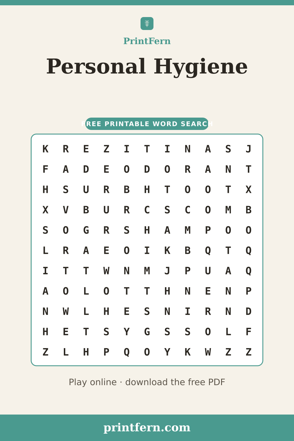 Personal Hygiene Word Search, free printable PDF preview