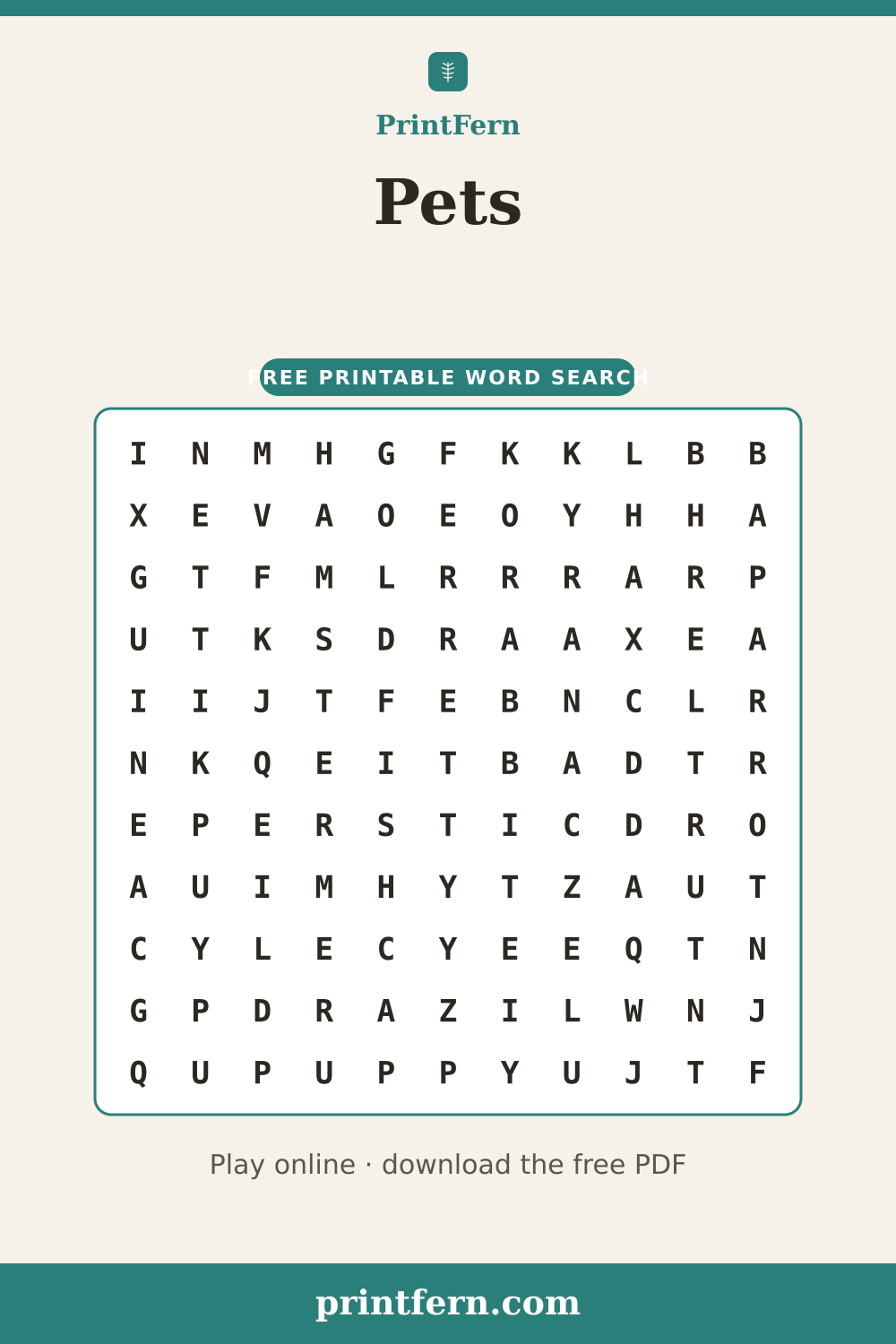 Pets Word Search, free printable PDF preview