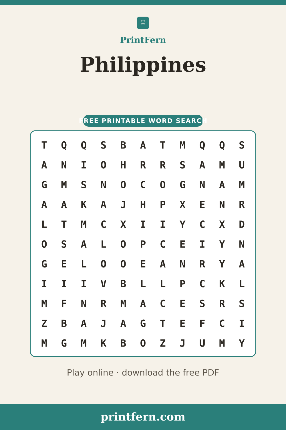 Philippines Word Search, free printable PDF preview