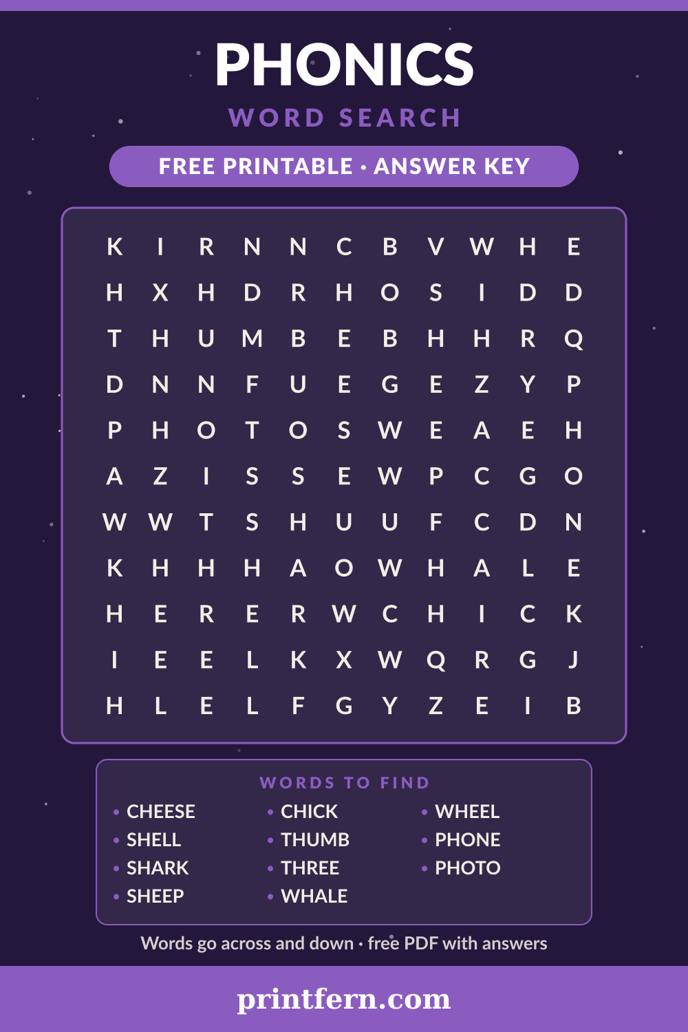 Phonics Word Search, free printable PDF preview